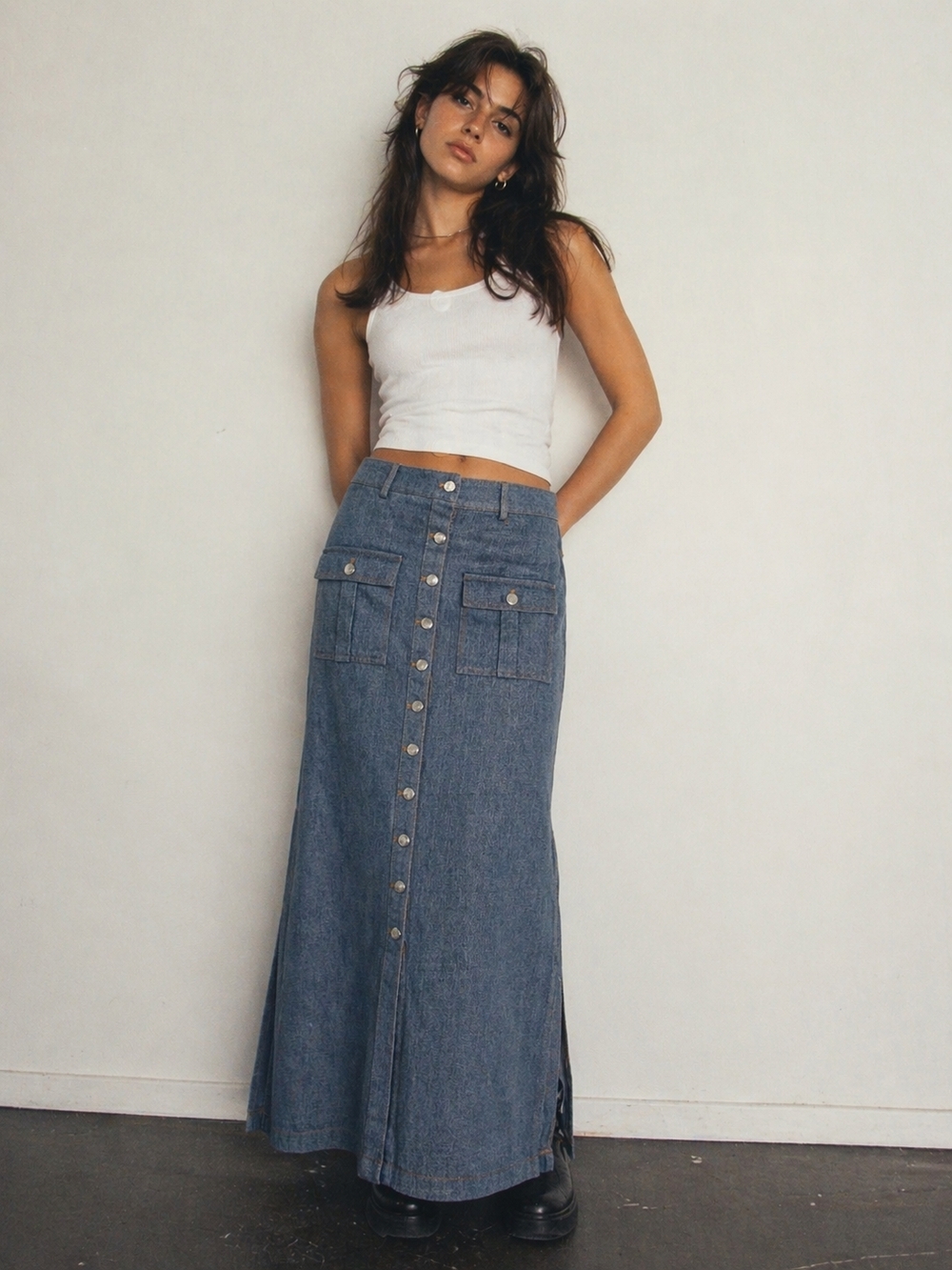 Button-Front Denim Maxi Skirt in Blue